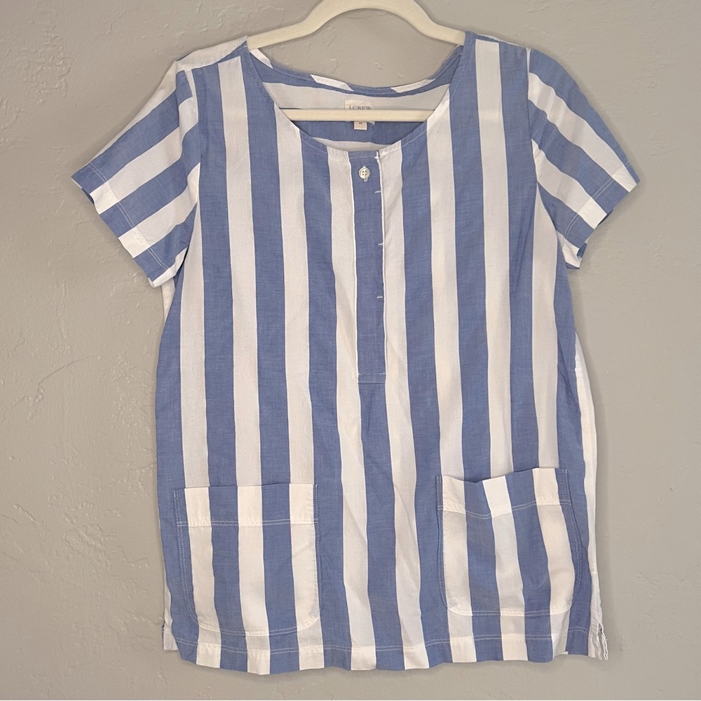 J Crew Blue/White Striped Short Sleeve Placket Button Top Size XS